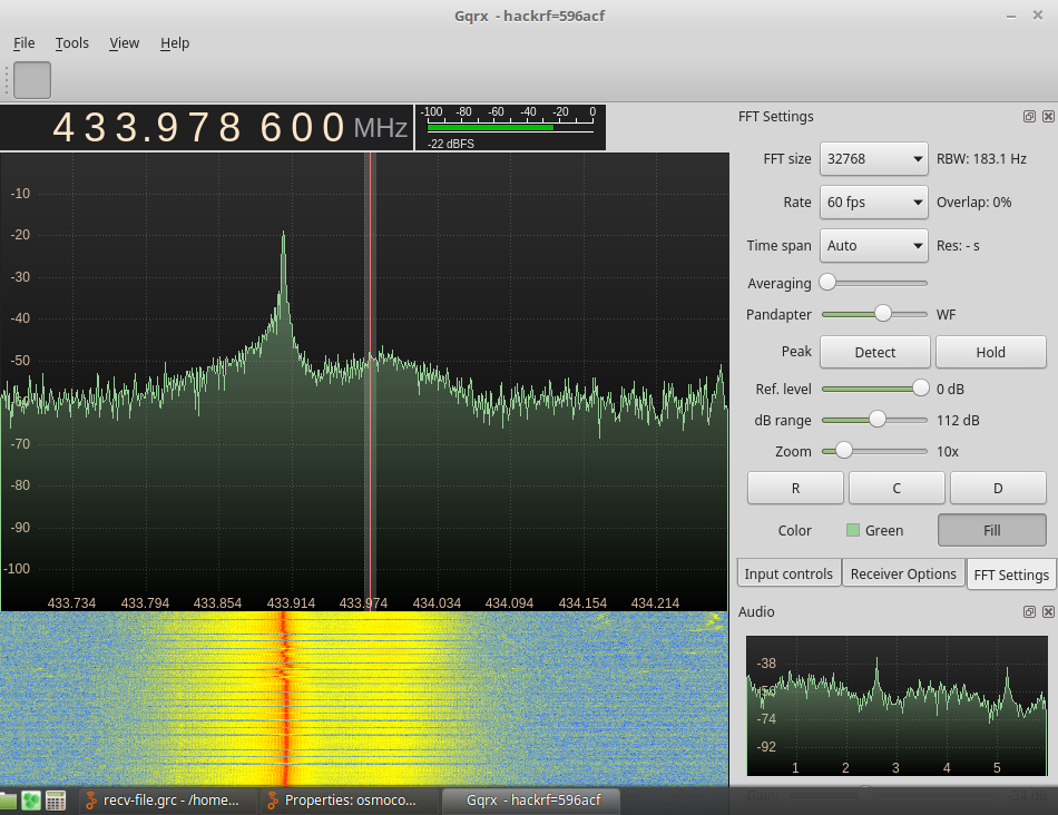 GQRX waterfall showing the 433.92 MHz signal